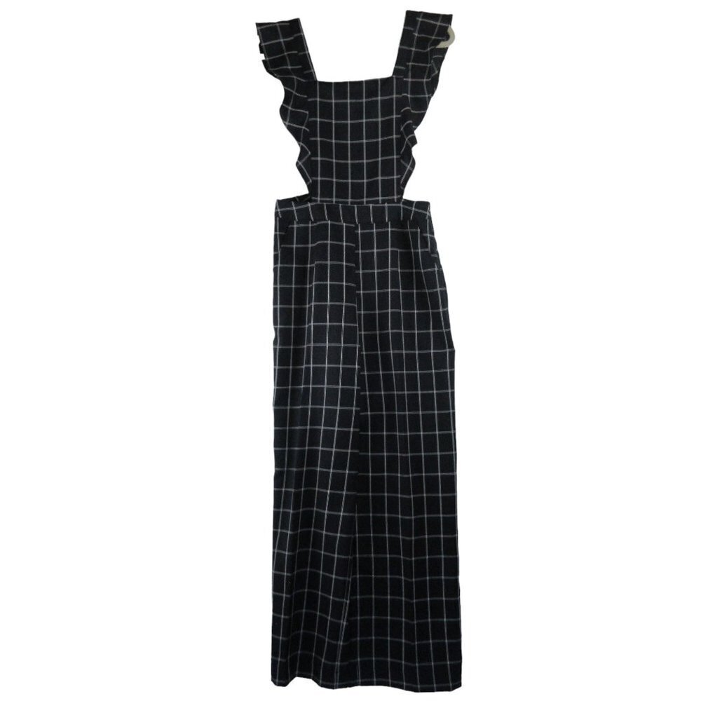 Skies are Blue Windowpane Ruffle Jumpsuit Size S Checked Navy Wide Leg